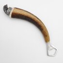 Flaschenöffner mit Hirsch Geweih Stange Hirschhorn Griff mit Endkappe Verzierung Wildschwein sitzend GL 21,5cm 27.19.3.29