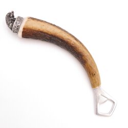 Flaschenöffner mit Hirsch Geweih Stange Hirschhorn Griff mit Endkappe Verzierung Wildschwein sitzend GL 21,5cm 27.19.3.29
