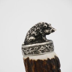 Flaschenöffner mit Hirsch Geweih Stange Hirschhorn Griff mit Endkappe Verzierung Wildschwein sitzend GL 21,5cm 27.19.3.29