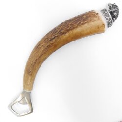Flaschenöffner mit Hirsch Geweih Stange Hirschhorn Griff mit Endkappe Verzierung Wildschwein sitzend GL 21,5cm 27.19.3.29