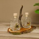 Vinegar + oil carafe set with colorful hunting motif on acacia wood sign with roebuck antlers as handle 27.40.2.4