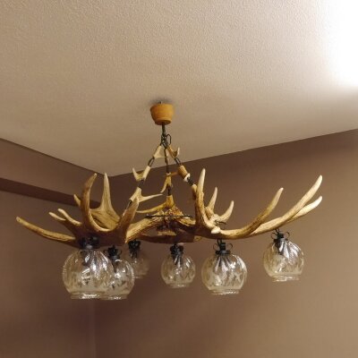 Geweihlampe aus 3 Elchschaufeln 6 flammig und Hirschrosen H 75 cm Jagdmotiv Lampe Geweih Leuchte