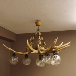 Geweihlampe aus 3 Elchschaufeln 6 flammig und Hirschrosen H 75 cm Jagdmotiv Lampe Geweih Leuchte