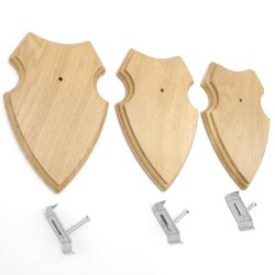 3 scudi araldici AF 19 x 12 cm Scudo con capriolo Scudi trofeo in quercia con 3 ganci per corna chiari Nuovi