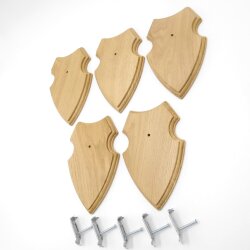 5 scudi araldici AF 19 x 12 cm Scudo con capriolo Scudi trofeo in quercia con 5 ganci per corna chiari Nuovi