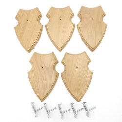 5 scudi araldici AF 19 x 12 cm Scudo con capriolo Scudi trofeo in quercia con 5 ganci per corna chiari Nuovi