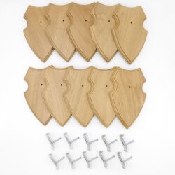 10 Stück Wappenschilder AF 19 x12 cm Reh Schild Trophäenschilder in Eiche mit 10 x Gehörnklammern hell Neu
