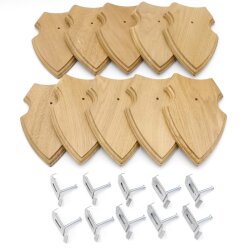 10 Stück Wappenschilder AF 19 x12 cm Reh Schild Trophäenschilder in Eiche mit 10 x Gehörnklammern hell Neu