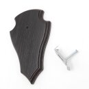 1 stuk hert trofeeplaat puntig klein eiken donker AF 19 cm x 11 cm met 1 kaakvak en 1 stuk gewei klem