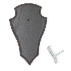1 stuk hert trofeeplaat puntig klein eiken donker AF 19 cm x 11 cm met 1 kaakvak en 1 stuk gewei klem