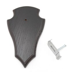 1 stuk hert trofeeplaat puntig klein eiken donker AF 19 cm x 11 cm met 1 kaakvak en 1 stuk gewei klem