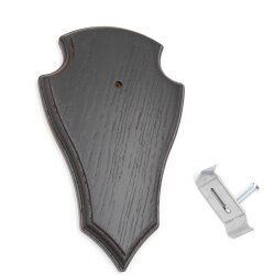1 stuk hert trofeeplaat puntig klein eiken donker AF 19 cm x 11 cm met 1 kaakvak en 1 stuk gewei klem
