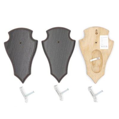 Trophäenschilder Reh 3 Stück Spitz AF 19x11 mit 1 Kieferfach Eiche dunkel + Montageklammer GTKv50.63/1KF-3+K