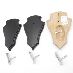 Trophäenschilder Reh 3 Stück Spitz AF 19x11 mit 1 Kieferfach Eiche dunkel + Montageklammer GTKv50.63/1KF-3+K