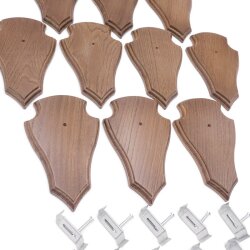 Trophäenschilder Reh 10 Stück Spitz AF 19x11 mit 1 Kieferfach Eiche braun + Montageklammer GTKv50.81/1KF-10+K