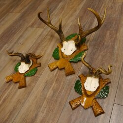 3 pieces of deer antlers, roe deer, roe buck, curiosities, antlers on carved trophy boards 22.1267