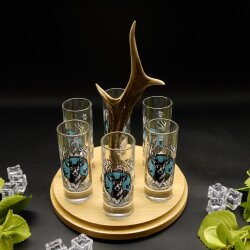 Schnapsanbieter mit 6 Stk. Gläser 2cl 4cl mit Hirsch Design auf Schild HELL mit Rehstange Geschenk 7 Varianten wählbar
