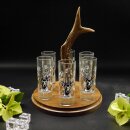 Schnapsanbieter mit 6 Stk. Gläser 2cl 4cl mit Hirsch Design auf Schild BRAUN mit Rehstange Geschenk 7 Varianten wählbar