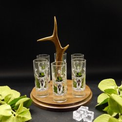 Schnapsanbieter mit 6 Stk. Gläser 2cl 4cl mit Hirsch Design auf Schild BRAUN mit Rehstange Geschenk 7 Varianten wählbar