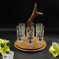 Schnapsanbieter mit 6 Stk. Gläser 2cl 4cl mit Hirsch Design auf Schild BRAUN mit Rehstange Geschenk 7 Varianten wählbar