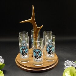 Schnapsanbieter mit 6 Stk. Gläser 2cl 4cl mit Hirsch Design auf Schild BRAUN mit Rehstange Geschenk 7 Varianten wählbar