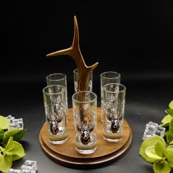 Schnapsanbieter mit 6 Stk. Gläser 2cl 4cl mit Hirsch Design auf Schild BRAUN mit Rehstange Geschenk 7 Varianten wählbar