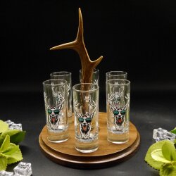 Schnapsanbieter mit 6 Stk. Gläser 2cl 4cl mit Hirsch Design auf Schild BRAUN mit Rehstange Geschenk 7 Varianten wählbar