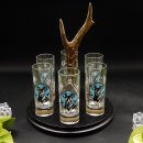 Schnapsanbieter mit 6 Stk. Gläser 2cl 4cl mit Hirsch Design auf Schild SCHWARZ mit Rehstange Geschenk 7 Varianten wählbar