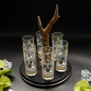 Schnapsanbieter mit 6 Stk. Gläser 2cl 4cl mit Hirsch Design auf Schild SCHWARZ mit Rehstange Geschenk 7 Varianten wählbar
