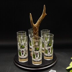 Schnapsanbieter mit 6 Stk. Gläser 2cl 4cl mit Hirsch Design auf Schild SCHWARZ mit Rehstange Geschenk 7 Varianten wählbar
