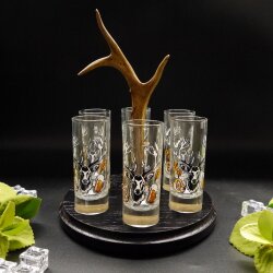 Schnapsanbieter mit 6 Stk. Gläser 2cl 4cl mit Hirsch Design auf Schild SCHWARZ mit Rehstange Geschenk 7 Varianten wählbar