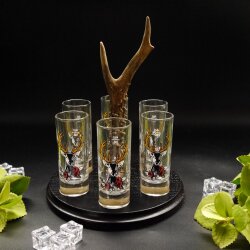 Schnapsanbieter mit 6 Stk. Gläser 2cl 4cl mit Hirsch Design auf Schild SCHWARZ mit Rehstange Geschenk 7 Varianten wählbar