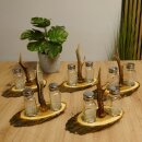 Salt + pepper shaker set with white hunting motif on acacia wood sign with roebuck antler handle 27.40.6.1