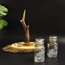 Salt + pepper shaker set with white hunting motif on acacia wood sign with roebuck antler handle 27.40.6.1