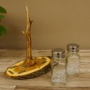 Salt + pepper shaker set with white hunting motif on acacia wood sign with roebuck antler handle 27.40.6.1