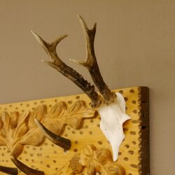 Geweih Garderobe mit 9 Haken aus Hirschspitzen auf Holzbrett verziert Rehgeweih Wandgarderobe Unikat 27.8.113