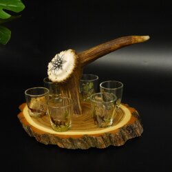 Fornitore di grappa su tavola da grappa Akazieschild H17 cm Cervo rosso Manico con 6 bicchieri colorati Motivo caccia Motivo animale 27.7.3.7