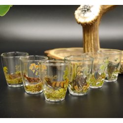 Fornitore di grappa su tavola da grappa Akazieschild H17 cm Cervo rosso Manico con 6 bicchieri colorati Motivo caccia Motivo animale 27.7.3.7