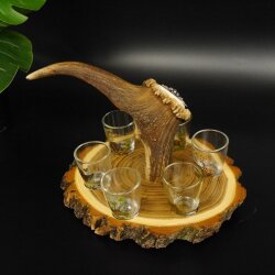 Fornitore di grappa su tavola da grappa Akazieschild H17 cm Cervo rosso Manico con 6 bicchieri colorati Motivo caccia Motivo animale 27.7.3.7