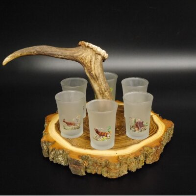 Liqueur supplier on acacia wood liqueur board H18 cm red deer rod handle with 6 colorful tall glasses, ice white hunting motif 27.7.3.12