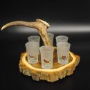 Liqueur supplier on acacia wood liqueur board H18 cm red deer rod handle with 6 colorful tall glasses, ice white hunting motif 27.7.3.12
