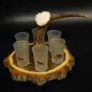 Liqueur supplier on acacia wood liqueur board H18 cm red deer rod handle with 6 colorful tall glasses, ice white hunting motif 27.7.3.12