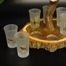Liqueur supplier on acacia wood liqueur board H18 cm red deer rod handle with 6 colorful tall glasses, ice white hunting motif 27.7.3.12