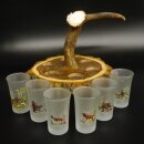 Liqueur supplier on acacia wood liqueur board H18 cm red deer rod handle with 6 colorful tall glasses, ice white hunting motif 27.7.3.12