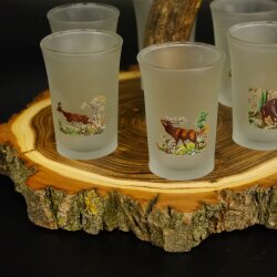 Liqueur supplier on acacia wood liqueur board H18 cm red deer rod handle with 6 colorful tall glasses, ice white hunting motif 27.7.3.12