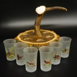 Liqueur supplier on acacia wood liqueur board H18 cm red deer rod handle with 6 colorful tall glasses, ice white hunting motif 27.7.3.12