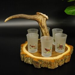 Liqueur supplier on acacia wood liqueur board H18 cm red deer rod handle with 6 colorful tall glasses, ice white hunting motif 27.7.3.12