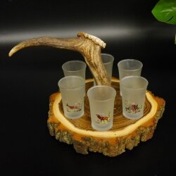 Liqueur supplier on acacia wood liqueur board H18 cm red deer rod handle with 6 colorful tall glasses, ice white hunting motif 27.7.3.12