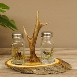 Set di saliere e pepiere con motivo caccia colorato su targhetta in legno di acacia con corna di capriolo come manico #27.40.1.11