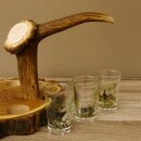 Proveedor de aguardiente en tabla de aguardiente con escudo de acacia H18 cm. Asa con forma de asta de ciervo rojo con 6 vasos de colores vivos. Motivo de caza. Motivo animal. 27.7.3.10